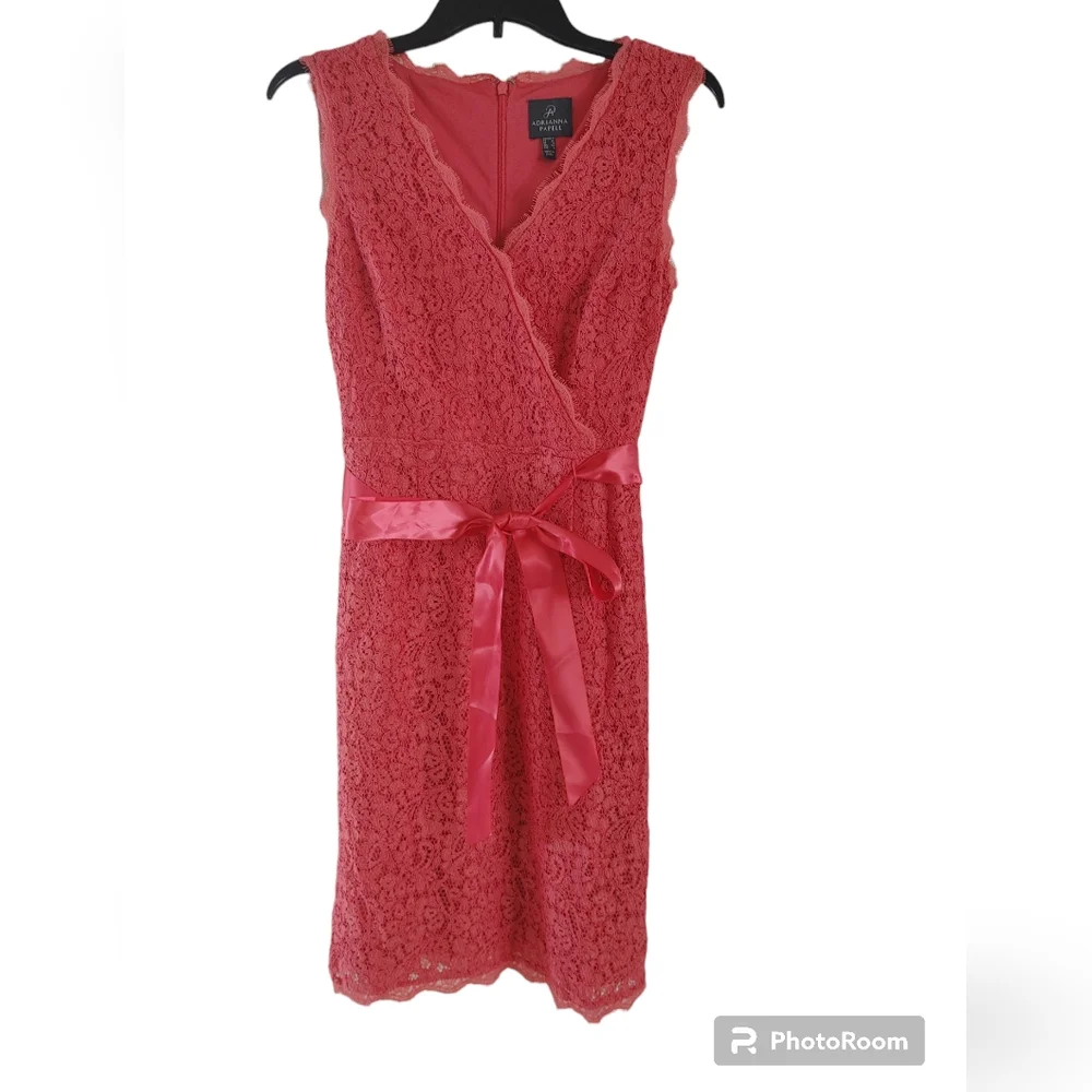 NWOT ADRIANNA PAPELL LACE FAUX WRAP CORAL SHEATH DRESS Size 4 - Picture 7 of 11
